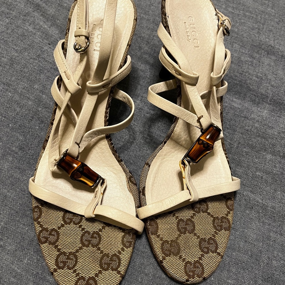 Gucci Cream and Brown Monogram Heels  “authentic”